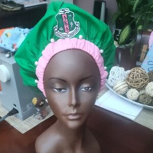 AKA Green & Pink Women's Sleep Bonnet with Pearls Accessories.